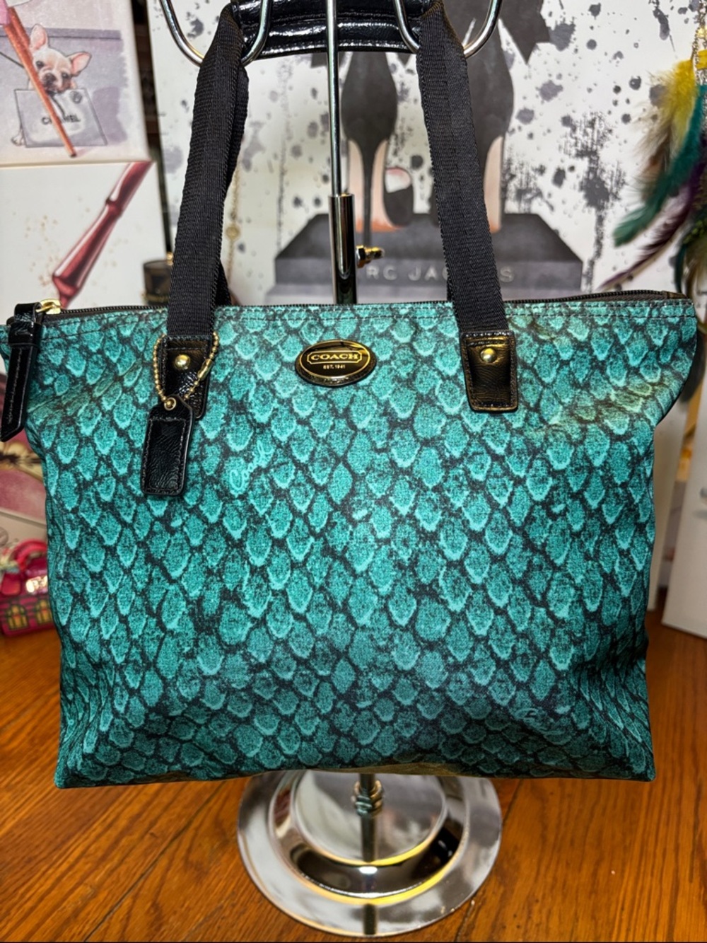 Coach F31506 Green Blue Snakeskin Print Tote Shoulder Bag COA